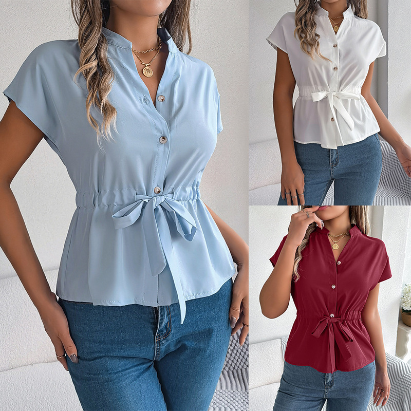 Real Shot of 2026 Spring/Summer European and American Casual Solid Color Button Drawstring Short-Sleeve Shirt Top, Independent Cross-Border Women's Fashion Real Shot of 2026 Spring/Summer European and American Casual Solid Color Button Drawstring Short-Sleeve Shirt Top, Independent Cross-Border Women's Fashion