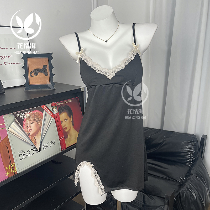 花情海性感内衣可爱修身纯欲风蕾丝侧边开叉吊带家居服睡裙装A131