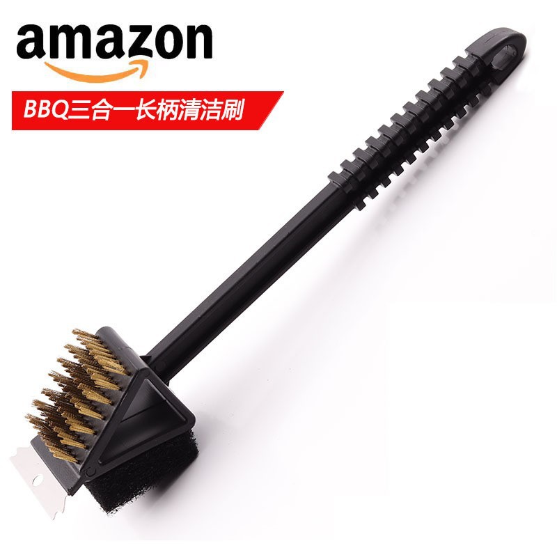 Parrilla de barbacoa tres en uno cepillo de limpieza 14,5 pulgadas mango largo alambre de cobre cepillo de barbacoa cepillo de limpieza de horno al aire libre