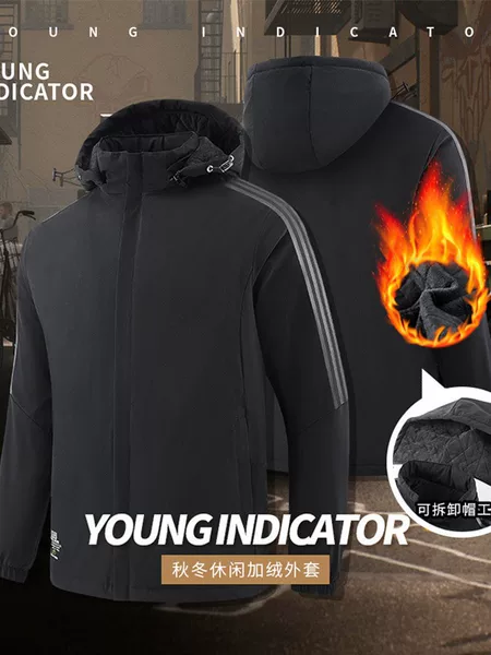 Winter cotton jacket, outdoor windproof and warm, classic three-stripe fleece-lined coat, couple's hooded cotton jacket, warm coat