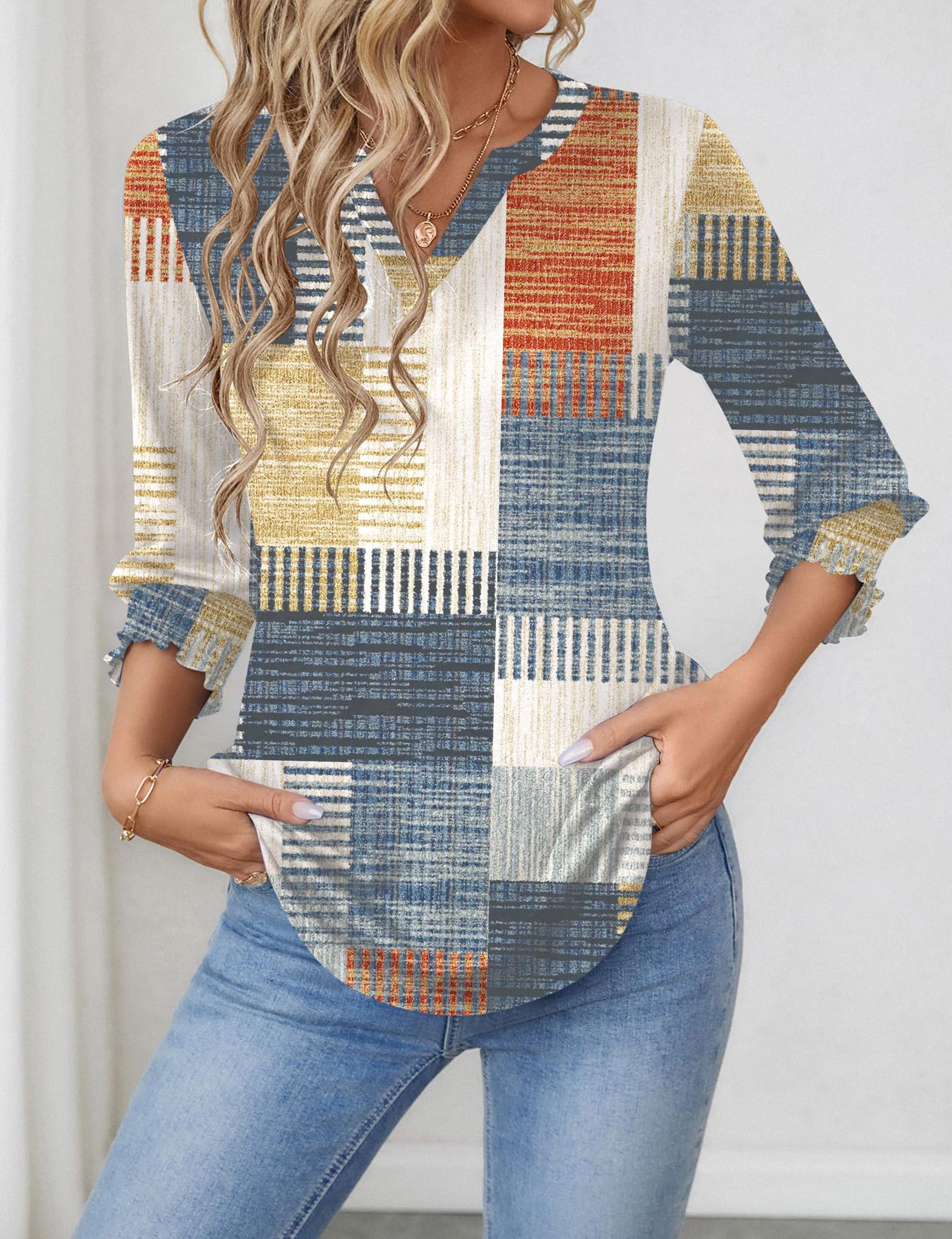 European And American Cross-border Women's 2026 Fashion Top, Three-quarter Sleeve Floral Print Casual Shirt, Summer_ecoleips.com