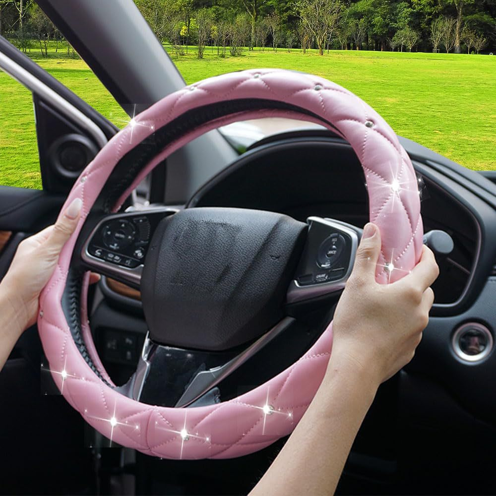 Factory Direct Sales Amazon Car Diamond-Studded Steering Wheel Cover, Universal for All Seasons, Soft Leather Anti-Slip Rhinestone Handle Cover