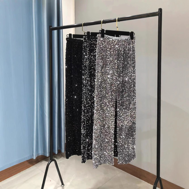 Autumn and Winter Amazon Korean Velvet Sequin Wide Leg Pants Large Long Leg Dipped plus size Mop Pants Shiny Straight Leg Pants for Women