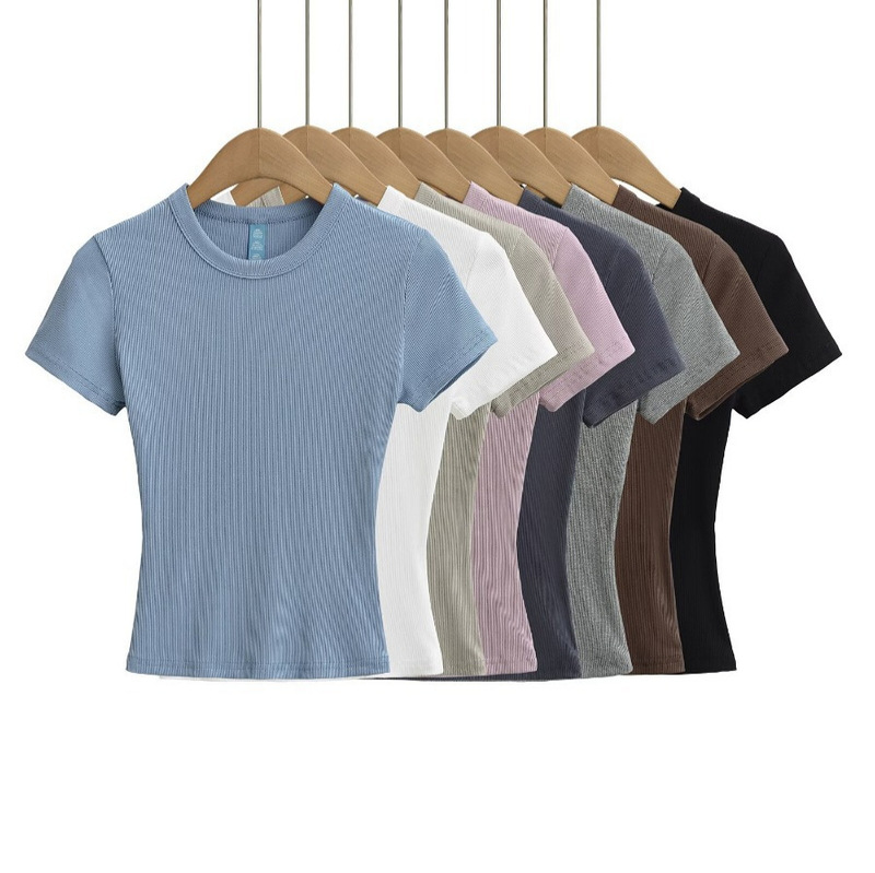 New Solid Color Ribbed Round Neck Short-Sleeve Women's Slim-Fit T-Shirt for Summer Commuting Wear