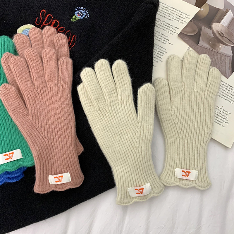 Guantes de lana de punto para mujeres otoño y invierno alargados y gruesos guantes de ciclismo de encaje caliente de color sólido con pantalla táctil