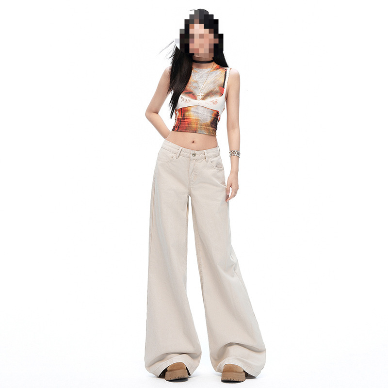 2026 Spring/Summer New Style Casual Washed Pearl Canvas Fabric American Style Low Waist Slimming Loose Wide Leg Casual Jeans