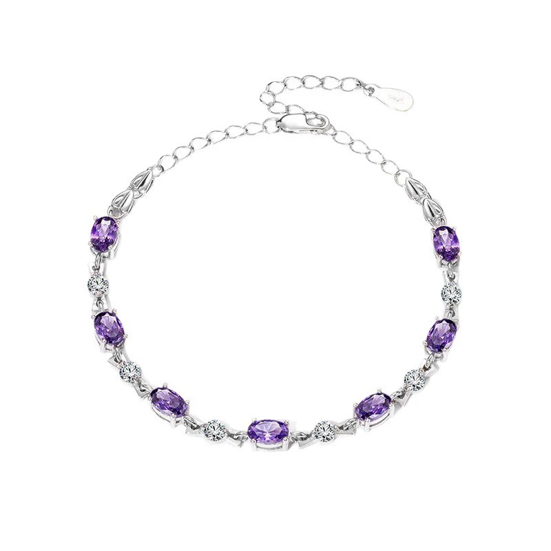 Серебряное браслет (бренд) SL005, аметист / синтетический кристалл, корейский минимализм, подарок на день рождения