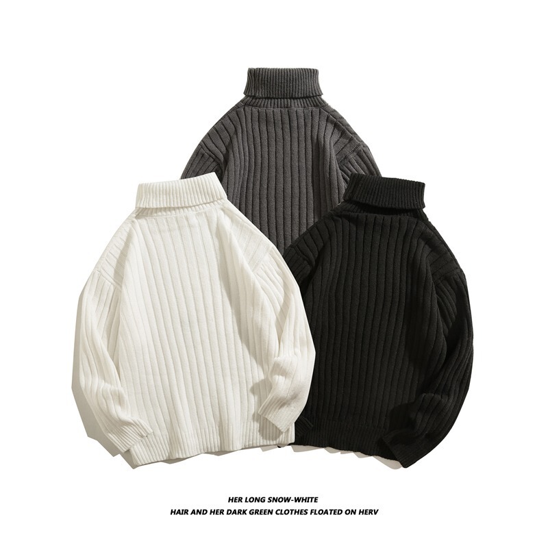 Winter Men's High-Neck Sweater Trendy Slim-Fit Thickened Base Layer Sweater Youth Long-Neck Solid Color Cable Knit Sweater for Men
