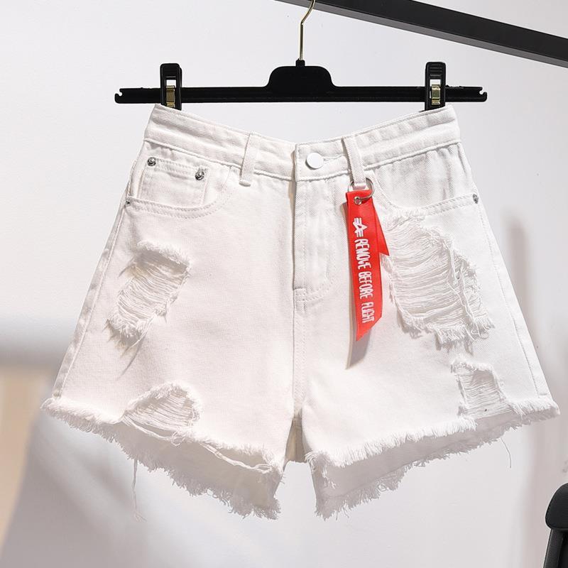 ハイウエストの白いデニムの半ズボンの女性の夏の新型のゆったりした穴のギャルの大きいサイズの広い足の薄いタイプのa字の熱いズボン|undefined