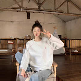 圆领明线拼接长袖卫衣女2024秋冬季新款宽松套头休闲保暖百搭上衣