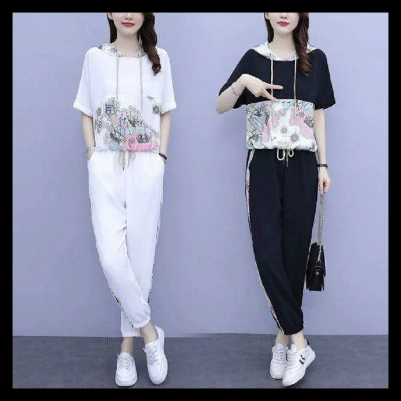 Повседневный костюм, модный костюм в западном стиле, Женский Летний Новый 2023 год, брюки до щиколотки с капюшоном и короткими рукавами, модный спортивный комплект из двух предметов