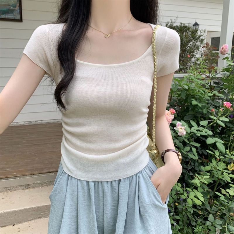 Pure Desire スクエアネック鎖骨漏れニット半袖レディース 2025 夏新作韓国スリムフィット Tシャツ薄手トップ|undefined