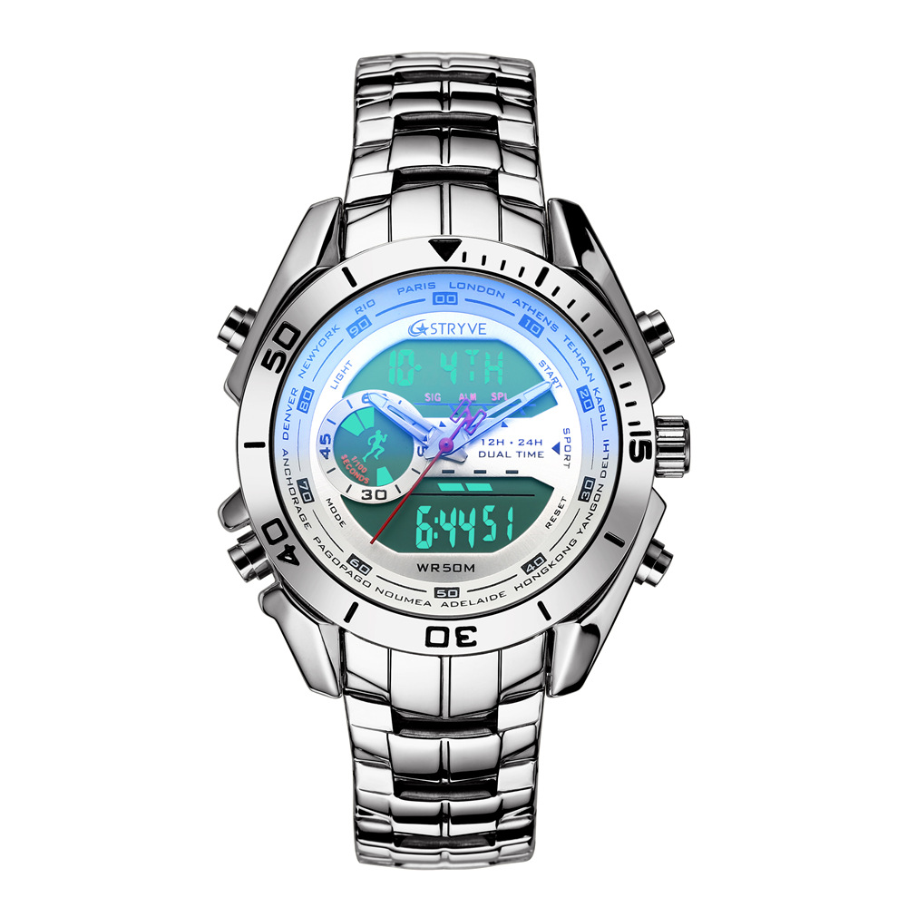 Reloj de acero inoxidable de moda para hombre STRYVE con reloj electrónico de doble pantalla reloj de cuarzo para hombre 8019