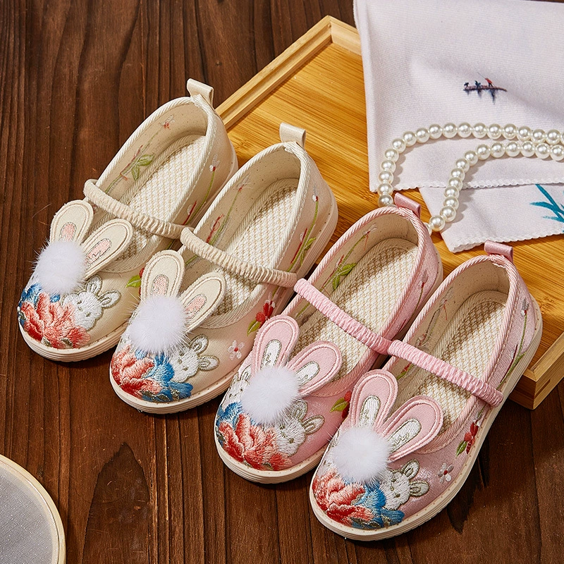 Детская Тканевая обувь Old Beijing, обувь с вышивкой для девочек, детская костюмная обувь в китайском стиле, Детская антикварная обувь Hanfu с кроликом