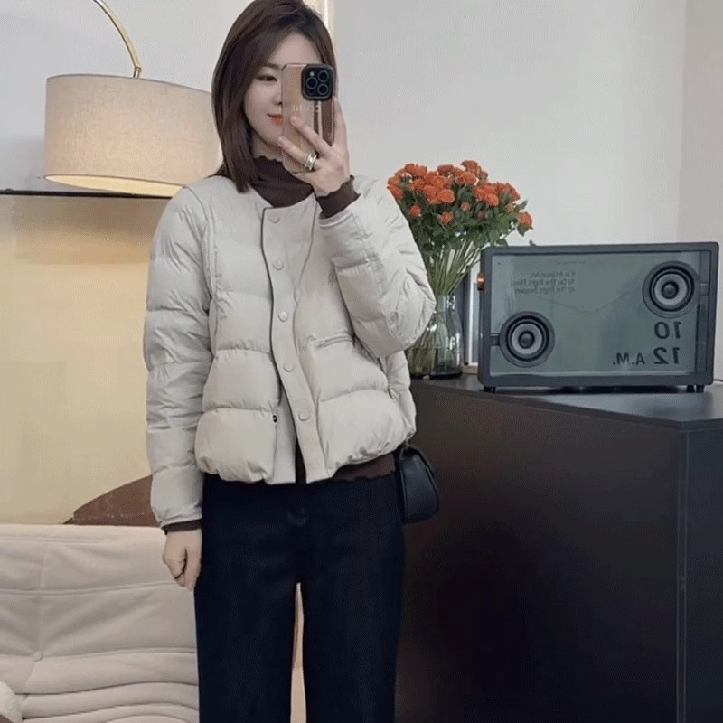 简约圆领短款羽绒棉服女2024冬季新款小个子宽松显瘦加厚保暖外套