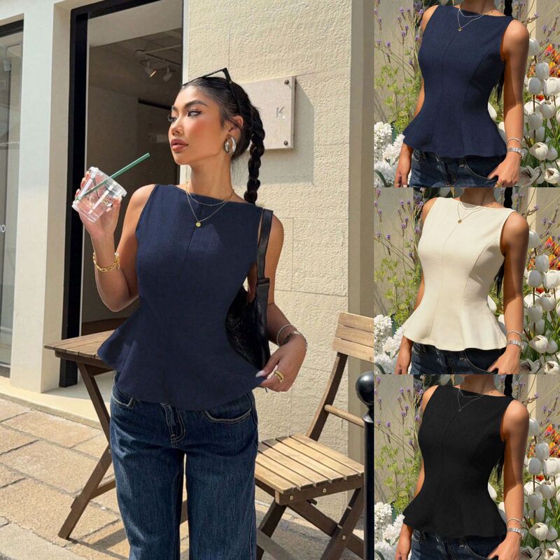 Sleeveless Waist-Cinching Top for Women with Ruffled Hem, Backless Design, Bow Tie, Versatile for Commuting, in Stock with 24-Hour Shipping