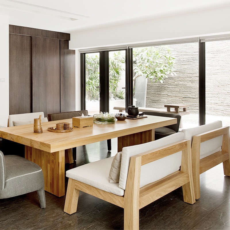 Mesa de comedor de madera maciza moderna de hierro forjado nórdica, mesa de comedor de madera rectangular para varias personas, silla de comedor de tronco