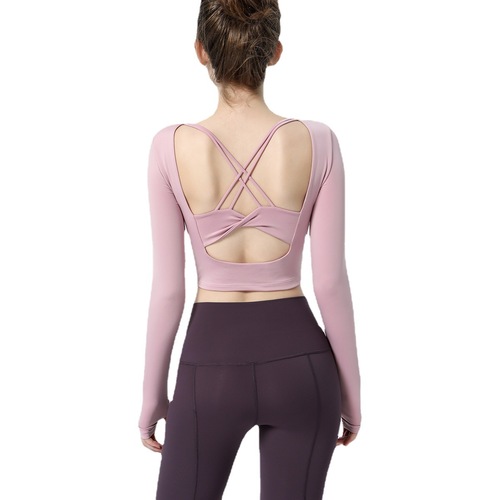 镂空美背性感女士运动长袖T恤女 网红新款瑜伽服健身跑步速干上衣