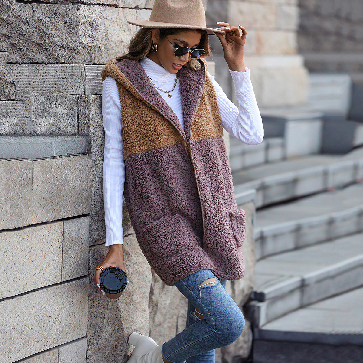 New European and American style autumn women's hooded sleeveless color-blocked pocket buttonless mid-length cardigan/bubble fleece coat