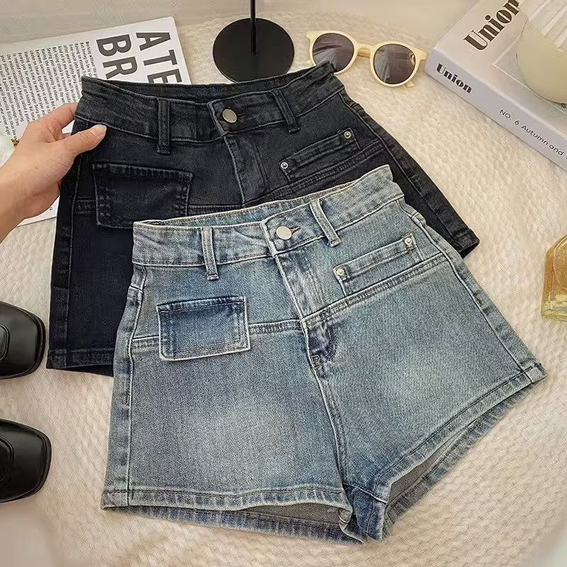 Vintage Korean Style Wide Leg Pants Spice Girl Stretch Split Summer Jeans Women's Hot Pants Slimming Straight-tube Washed Short Pants