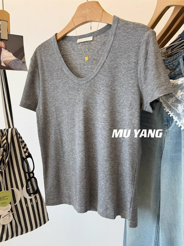 2025夏のシンプルなuネックのライセルウール半袖の下のtシャツの女性の純色の百合teeの肩の上着ins|undefined