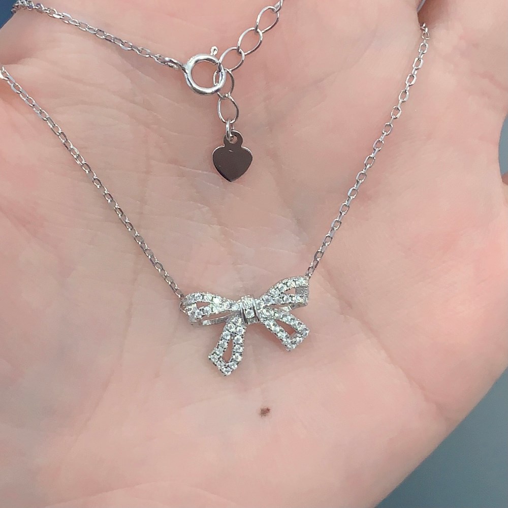 4g Weight Zircon Inlay Material Earrings, Necklace Classification Earrings + Necklace Quantity Holiday, Daily Occasion 925 Sterling Silver Material Bow Knot Pattern Women's Gender Plating, Inlay Design Elegant, Streetwear Style 925 Sterling Silver Zircon Plating Inlay Bow Knot Earrings Necklace 11