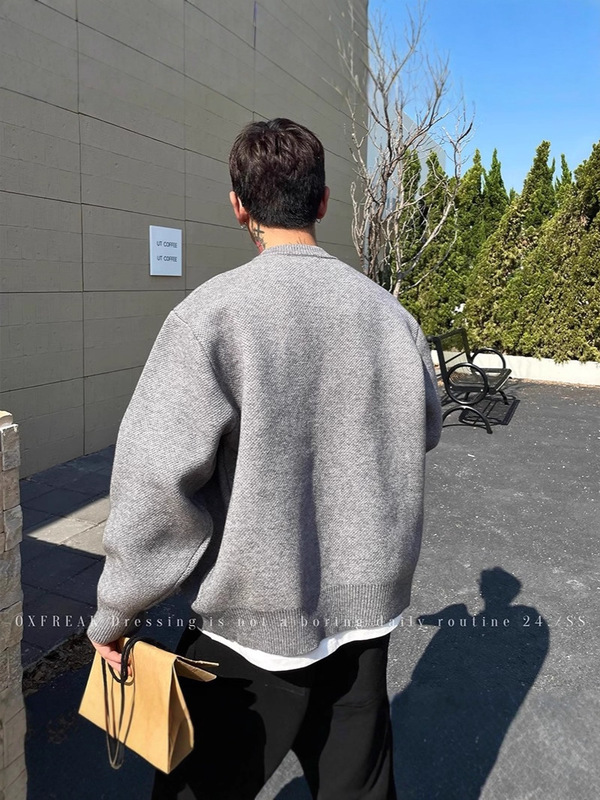 老钱风纯色开衫棒球领针织衫外套男秋季新款宽松休闲百搭慵懒上衣|undefined