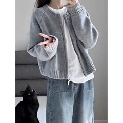 灰色短款毛衣外套女装春秋2025新款宽松加厚拉链开衫长袖针织上衣