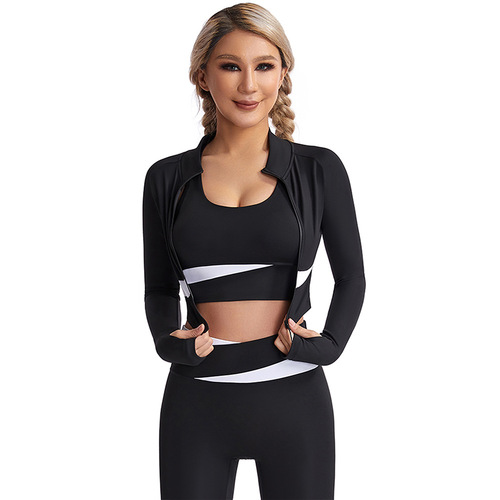 Long-sleeved fitness wear for women in autumn and winter, finger-baring sports blouse, quick-drying running zipper yoga wear jacket