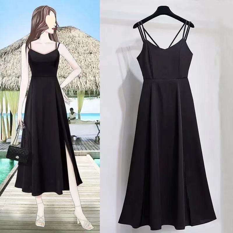plus size Women's Fat Sister 2025 Summer Skirt Women's Sexy Split Mid-length Korean Style Fashion Sling dress