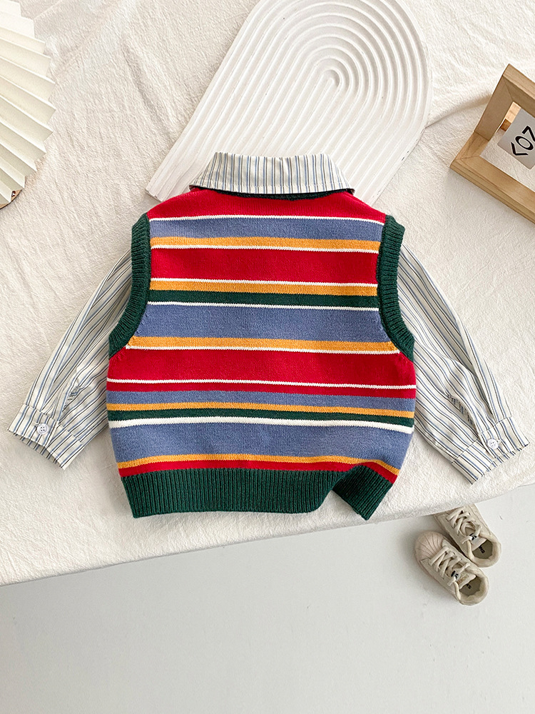 Chaleco para niños, ropa de primavera y otoño, suéter de estilo extranjero, cuello redondo, estilo universitario, tendencia retro, suéter a rayas para hombres y mujeres, tendencia