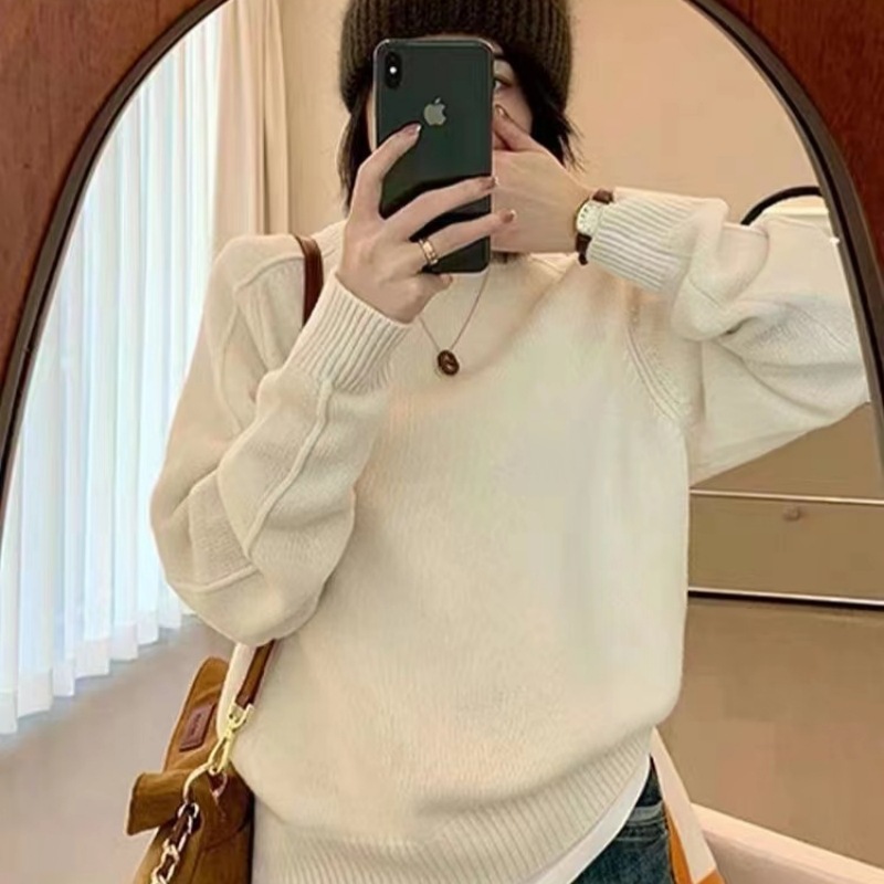 Diseño etiquetado chaqueta de jersey top otoño invierno nuevo estilo coreano relajado suéter glutinoso suave mujer