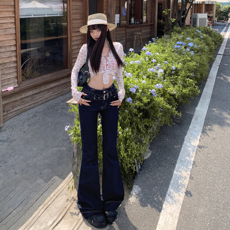 深蓝色微喇牛仔裤女2025年秋冬新款美式可调节腰修身显瘦喇叭裤子|undefined