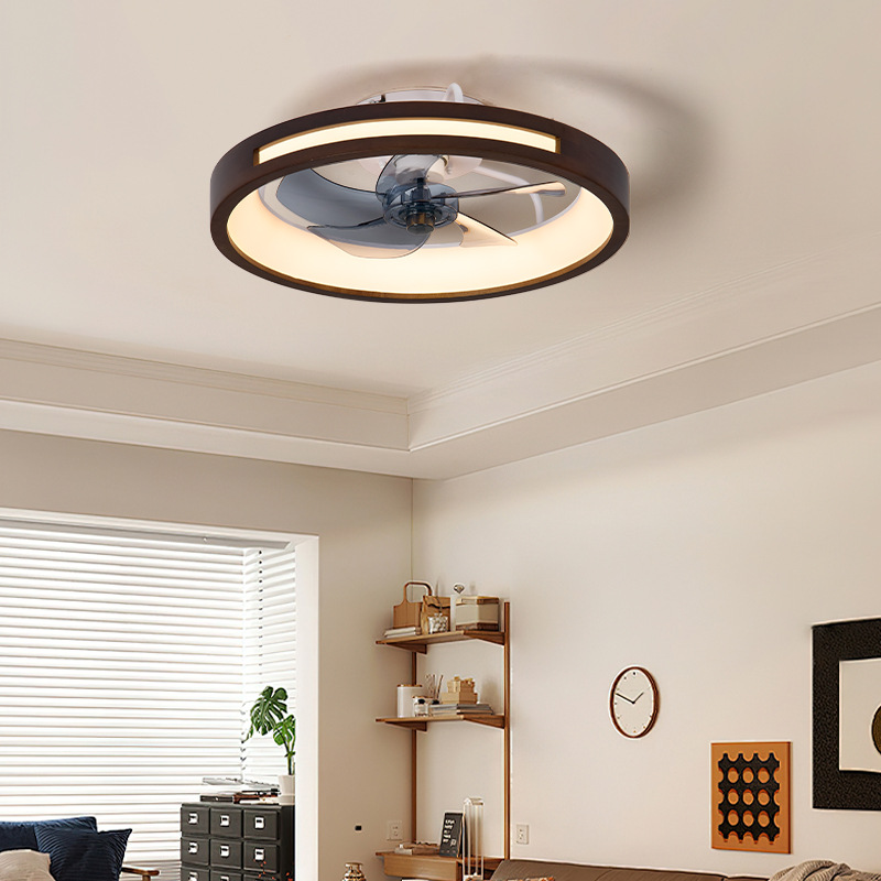 Lámpara ventilador de techo invisible de madera maciza, luz tricolor y control remoto para sala de estar y dormitorio