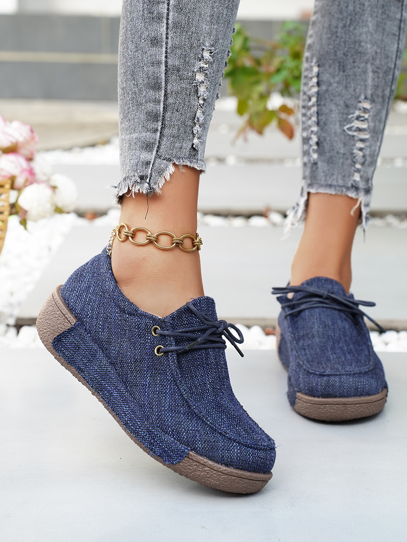 Damen Denim Schnürschuhe Mit Plateau Bequeme Freizeitschuhe_voghion.com