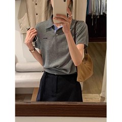 韓国グレー偽ツーピースポロネックセーター半袖女性の 2025 夏の新しい薄いトップ