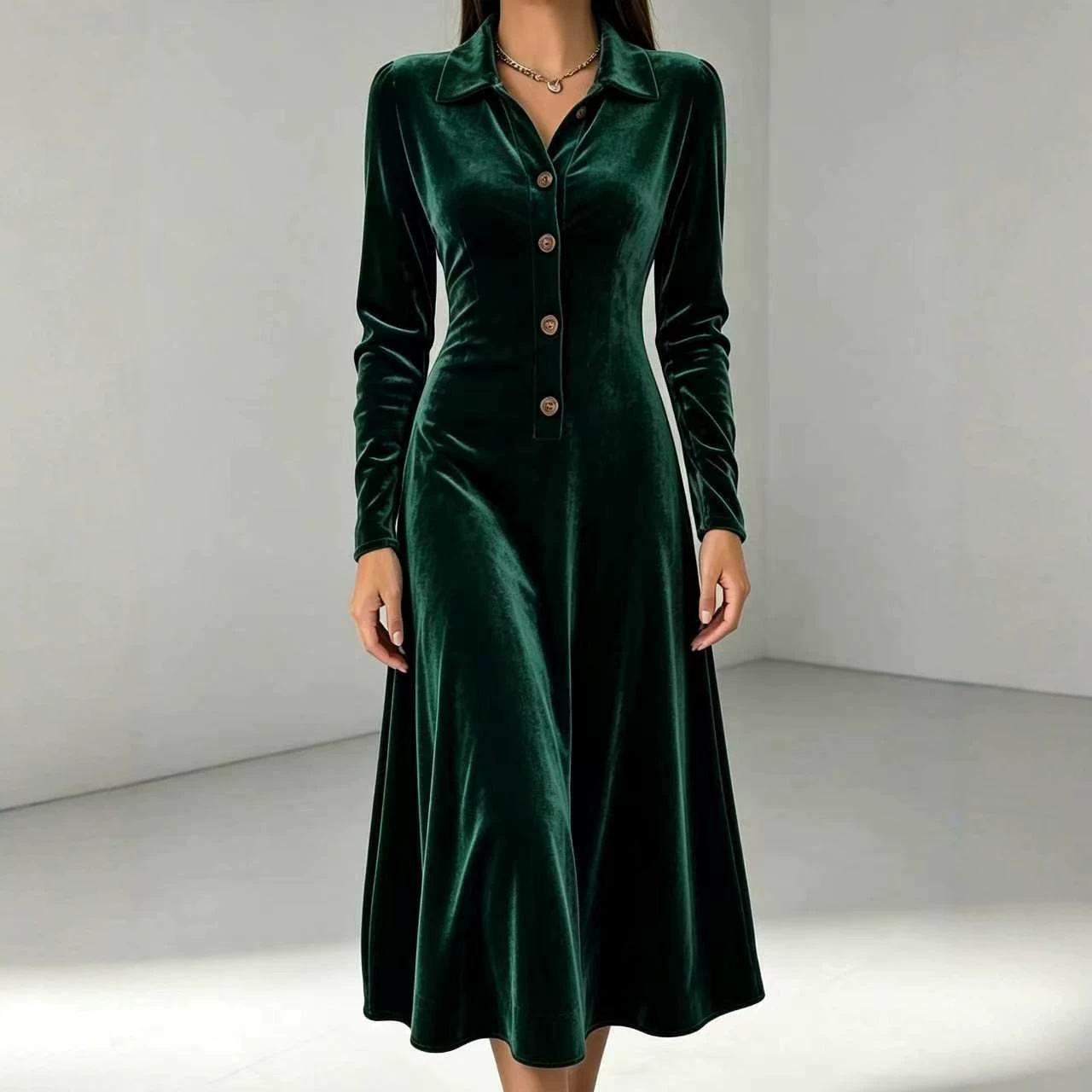 2026 Autumn/Winter European and American Cross-Border Korean Velvet Polo Collar Solid Color Buttoned Knit Mid-Length Dress