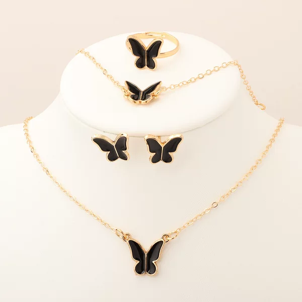Cross-Border Hot-Selling Simple Jewelry, Fashionable and Versatile Butterfly Necklace, Bracelet, Ring, Earrings Set, Accessories in Stock