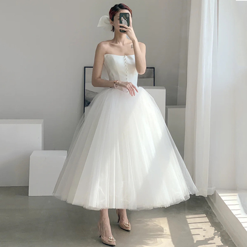 French-Style Light Wedding Dress 2026 Spring New Model, White, Simple and Elegant, Strapless, Petite, Graduation, Puffy, for Going Out