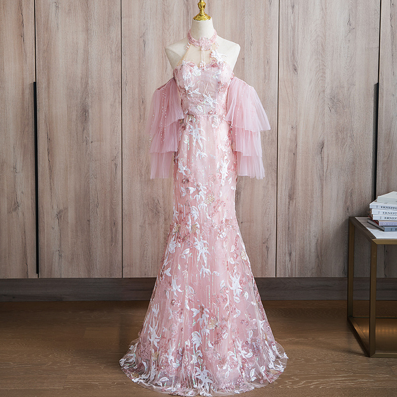 New Chinese Style Neck Evening Dress Light Luxury Niche Pink Fishtail Engagement dress Lace Elegant Host Dress