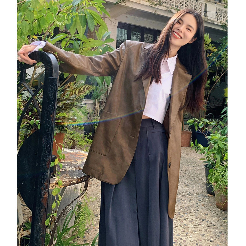 2025 Autumn and Winter New Maillard Pu Leather Jacket European and American Retro Style Women's Fashion Wear Loose Casual Top Jacket