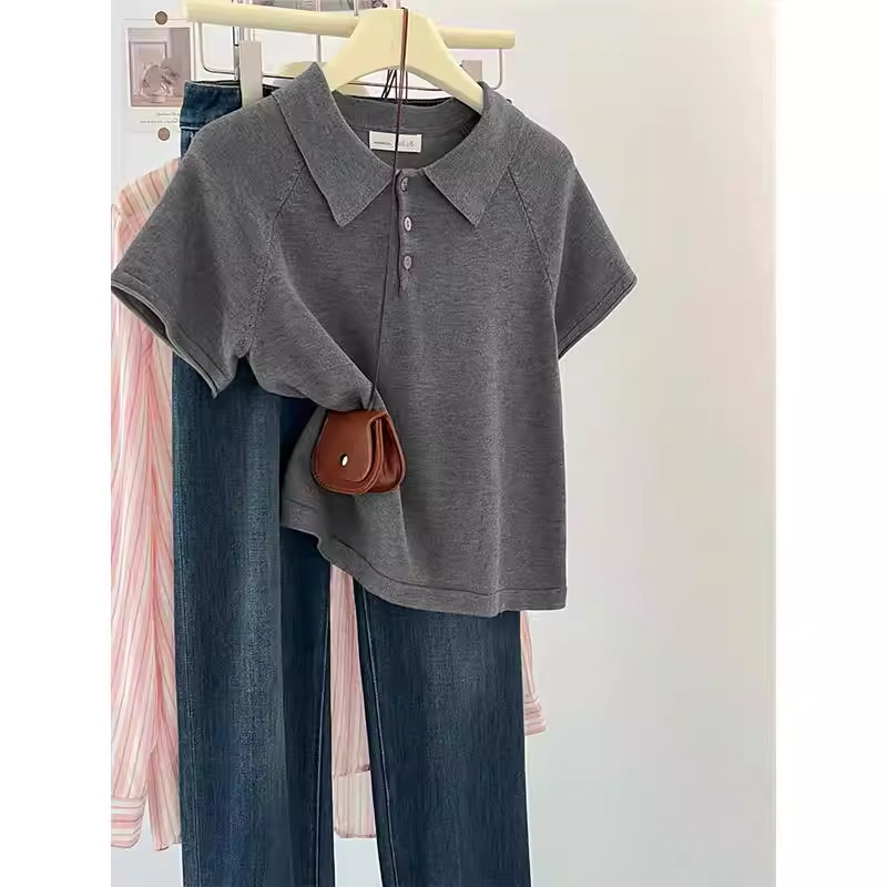 Outlet Discount Store Regular Fit Polo Collar Ice Silk Short-Sleeve T-Shirt for Women, Summer Niche Slim-Fit Short Knit Turn-Down Collar Top Outlet Discount Store Regular Fit Polo Collar Ice Silk Short-Sleeve T-Shirt for Women, Summer Niche Slim-Fit Short Knit Turn-Down Collar Top