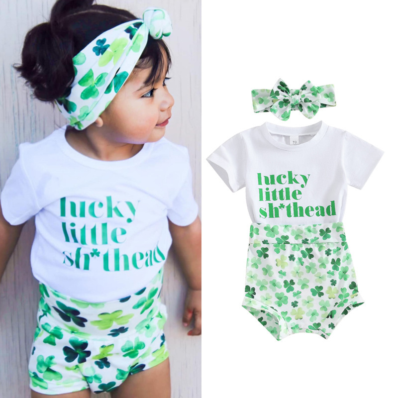 St. Patrick Pastoral Four Leaf Clover Cotton Baby Clothing Sets display picture 1