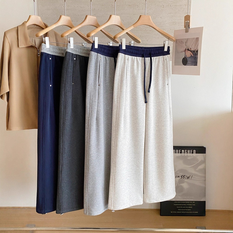 Rivet Sweatpants ~ Color-Block High-Waisted Wide-Leg Drape Sports Pants Autumn and Winter Fleece Thickened Loose Petite Scimitar Pants