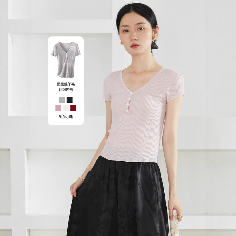 Women's Short-Sleeve Knit Top with Mulberry Silk, Wool, Vertical Stripes, Stretch Ribbing, V-Neck, and Buttons for Layering or Wearing Alone