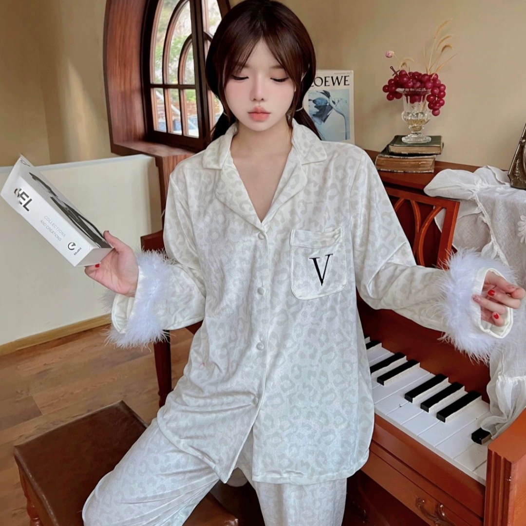 [Леопардовое перо] пижама женский 2024 новый осенний и зимний золотой бус с длинными рукавами, продвинутый смысл