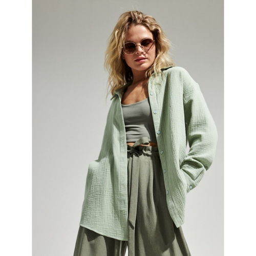 Cross-border pure cotton crepe shirt, European and American style, 2025 summer new style women's comfortable loose elegant polo shirt blouse