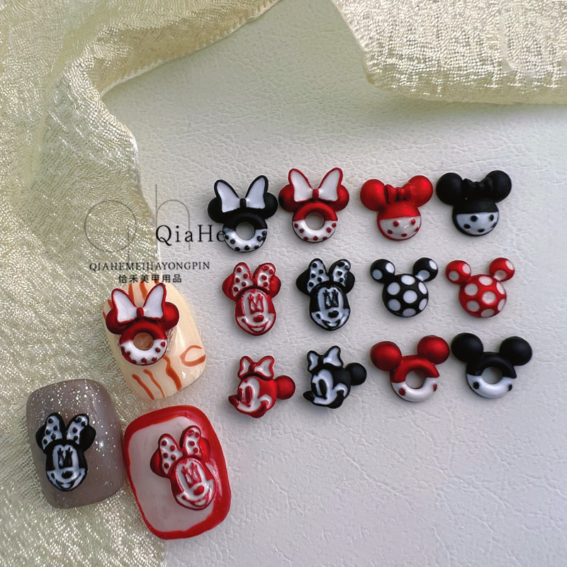 Nail cute donut cartoon bow Mickey head jewelry New Year red dot bow nail jewelry