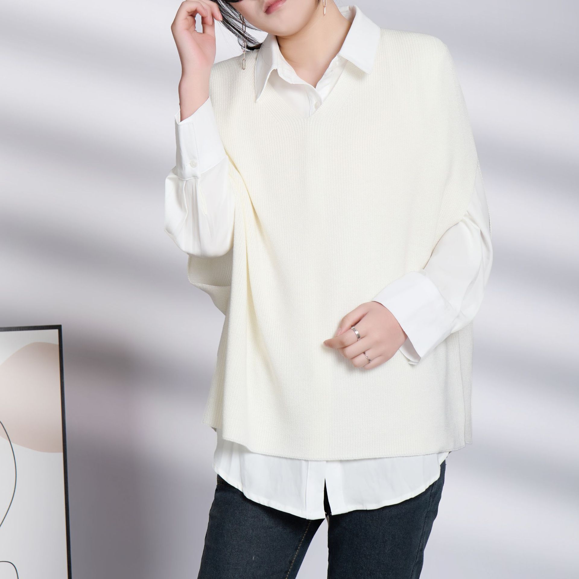 Nuevo estilo coreano Chaleco con cuello en V suéter blogger sentido alta ocultación carne moda casual de punto chaleco suelto ropa exterior de las mujeres image 8