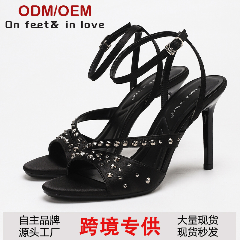 Light Luxury European and American Summer New Style Flash Diamond Round Toe Buckle Strap Stiletto Sandals Fashionable Open-Toe High-Heeled Sandals